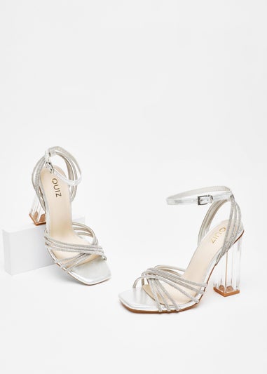 Quiz Silver Diamante Strap Heeled Sandals