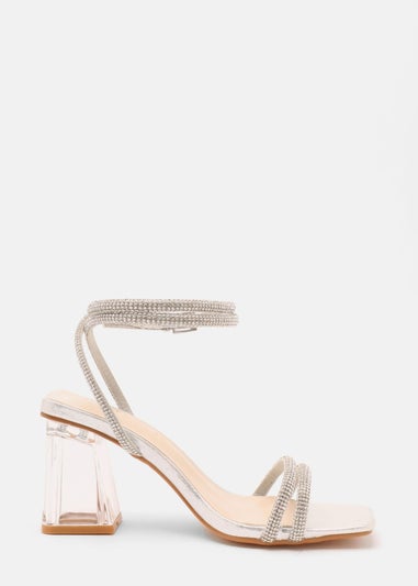 Quiz Silver Wide Fit Diamante Clear Block Heeled Sandals