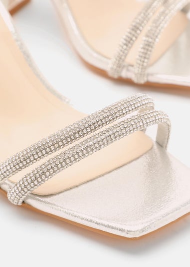 Quiz Silver Wide Fit Diamante Clear Block Heeled Sandals