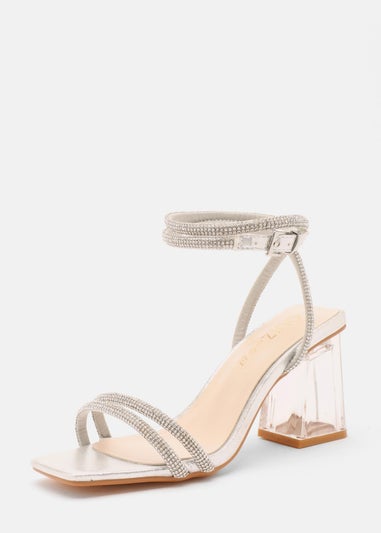 Quiz Silver Wide Fit Diamante Clear Block Heeled Sandals