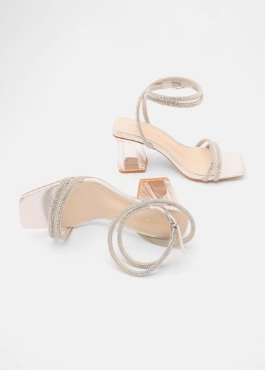 Quiz Silver Wide Fit Diamante Clear Block Heeled Sandals