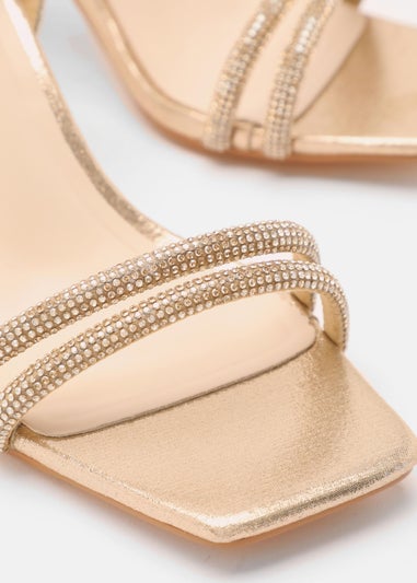 Quiz Gold Wide Fit Diamante Clear Block Heeled Sandals