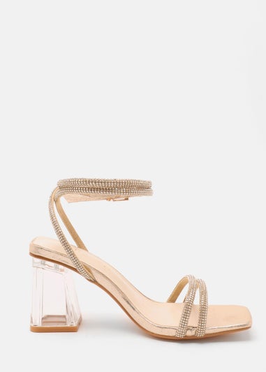 Quiz Gold Wide Fit Diamante Clear Block Heeled Sandals