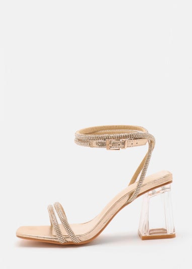 Quiz Gold Wide Fit Diamante Clear Block Heeled Sandals