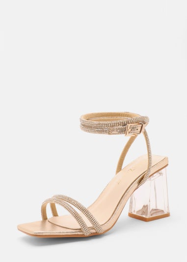 Quiz Gold Wide Fit Diamante Clear Block Heeled Sandals