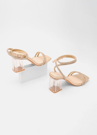 Quiz Gold Wide Fit Diamante Clear Block Heeled Sandals