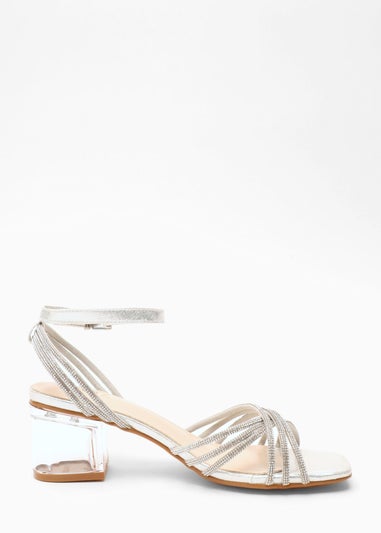 Quiz Silver Diamante Strap Low Heeled Sandals