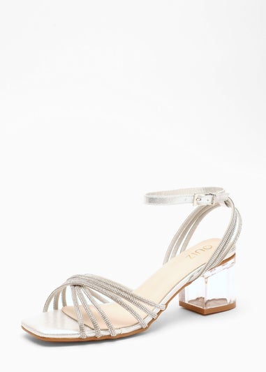 Quiz Silver Diamante Strap Low Heeled Sandals