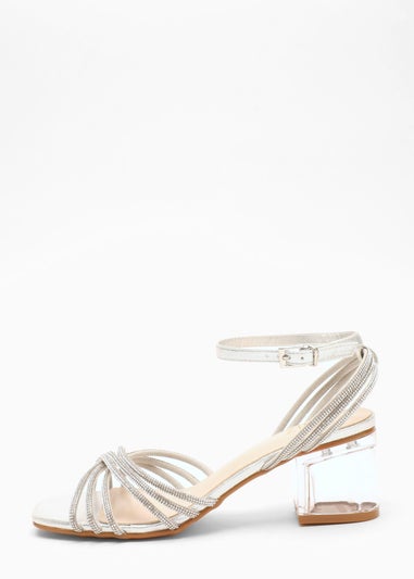 Quiz Silver Diamante Strap Low Heeled Sandals