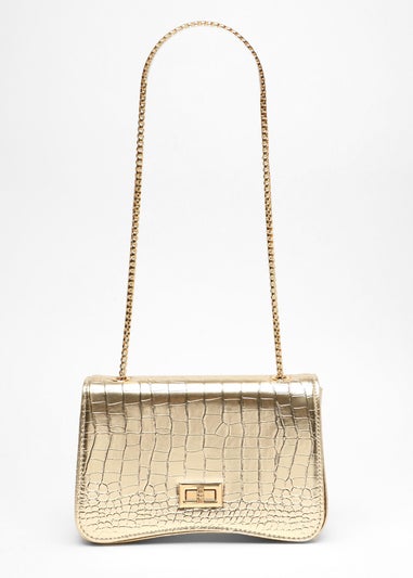 Quiz Gold Crocodile Print Cross Body Bag