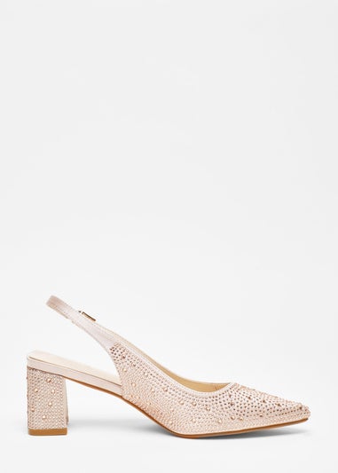 Quiz Cream Diamante Slingback Block Heel