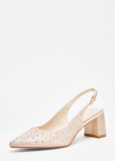 Quiz Cream Diamante Slingback Block Heel