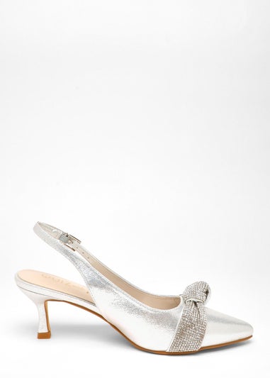 Quiz Silver Wide Fit Diamante Knot Sling Back Low Heels