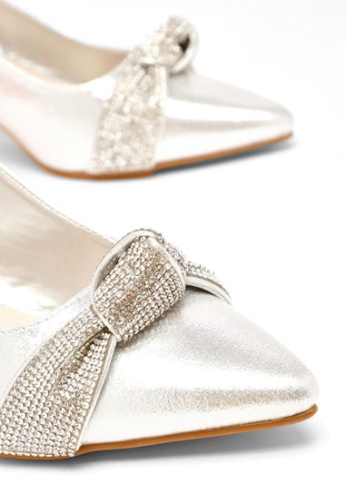 Quiz Silver Wide Fit Diamante Knot Sling Back Low Heels