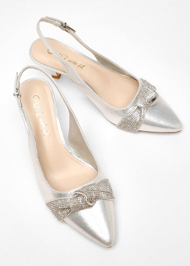 Quiz Silver Wide Fit Diamante Knot Sling Back Low Heels