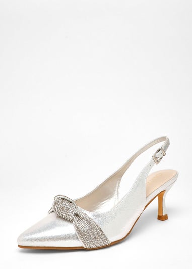 Quiz Silver Wide Fit Diamante Knot Sling Back Low Heels