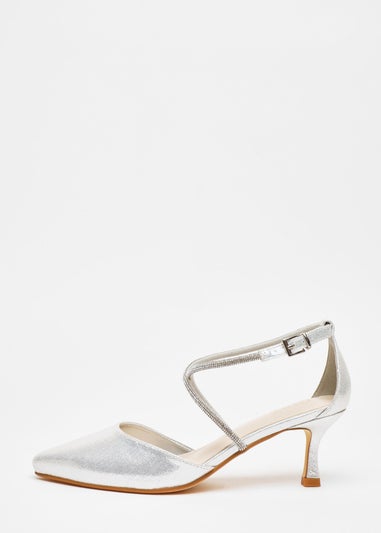 Quiz Silver Shimmer Cross Strap Court Heels