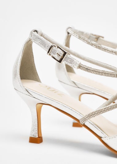 Quiz Silver Shimmer Cross Strap Court Heels