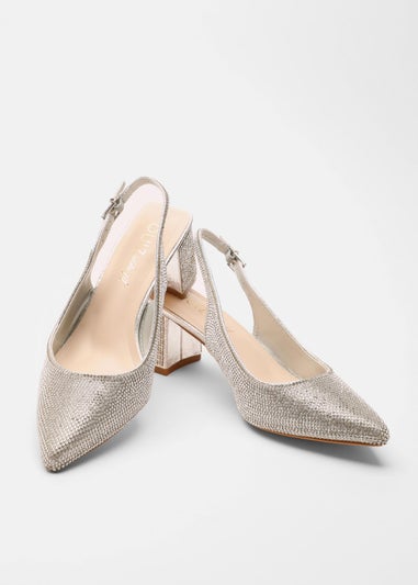 Quiz Silver Wide Fit Diamante Sling Back Heels