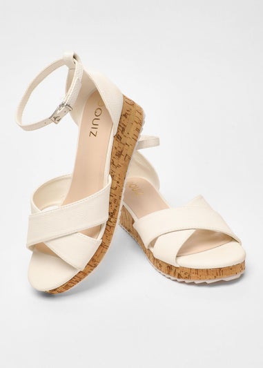 Quiz White Faux Leather Cross Strap Low Wedges