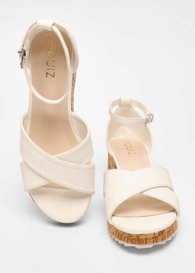 Quiz White Faux Leather Cross Strap Low Wedges