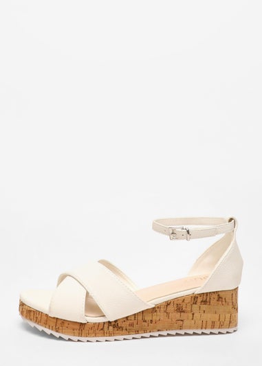 Quiz White Faux Leather Cross Strap Low Wedges