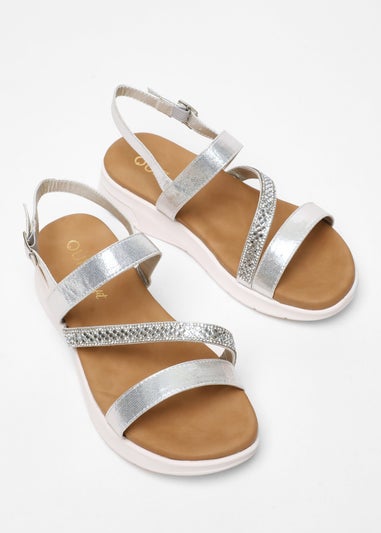 Quiz Silver Wide Fit Asymmetric Diamante Strap Sandals