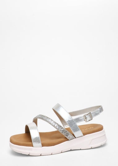 Quiz Silver Wide Fit Asymmetric Diamante Strap Sandals