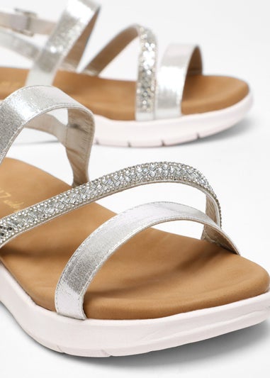 Quiz Silver Wide Fit Asymmetric Diamante Strap Sandals