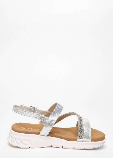 Quiz Silver Wide Fit Asymmetric Diamante Strap Sandals