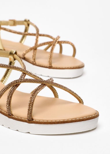 Quiz Gold Diamante Cross Strap Flatform Sandals