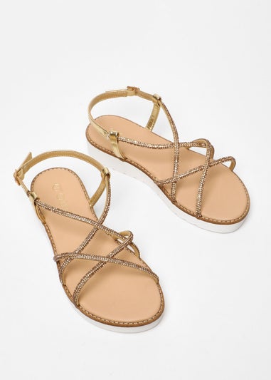 Quiz Gold Diamante Cross Strap Flatform Sandals