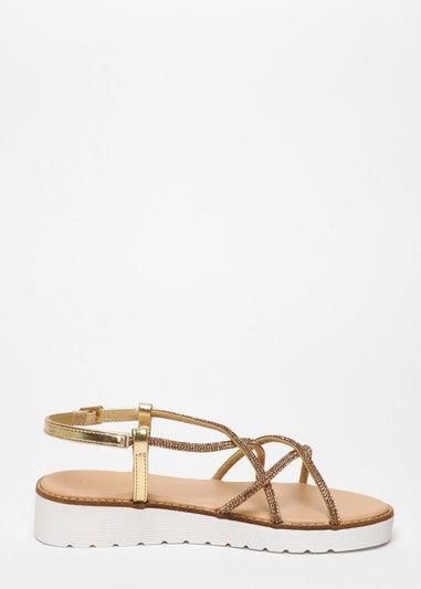 Quiz Gold Diamante Cross Strap Flatform Sandals