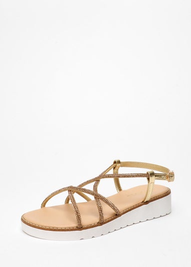 Quiz Gold Diamante Cross Strap Flatform Sandals