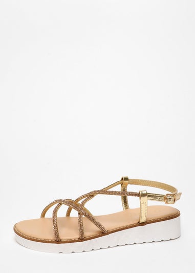 Quiz Gold Diamante Cross Strap Flatform Sandals