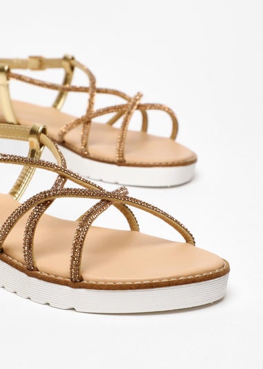 Quiz Gold Diamante Cross Strap Flatform Sandals