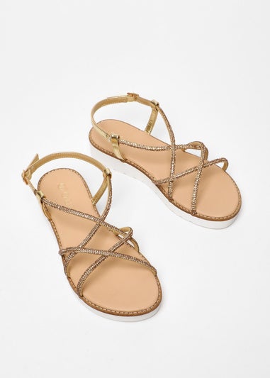 Quiz Gold Diamante Cross Strap Flatform Sandals