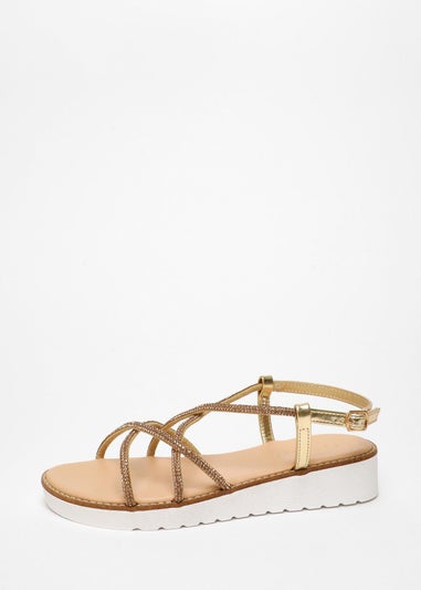 Quiz Gold Diamante Cross Strap Flatform Sandals