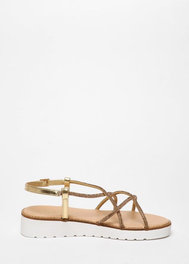 Quiz Gold Diamante Cross Strap Flatform Sandals