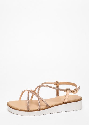 Quiz Rose Gold Diamante Cross Strap Flatform Sandals