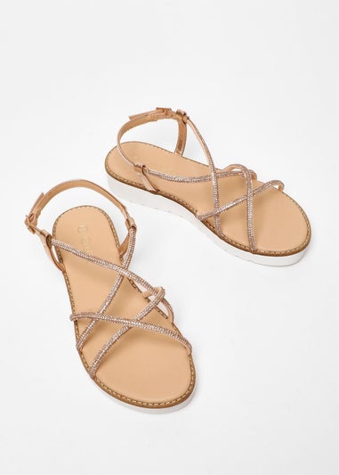 Quiz Rose Gold Diamante Cross Strap Flatform Sandals