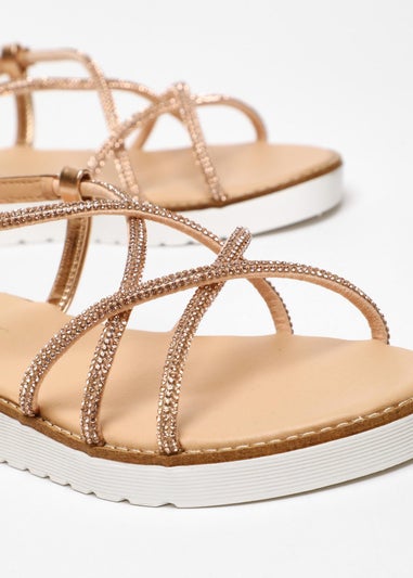 Quiz Rose Gold Diamante Cross Strap Flatform Sandals