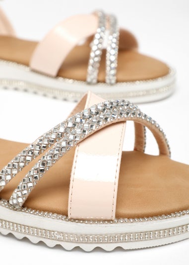 Quiz Pink Faux Leather Diamante Cross Strap Sandals