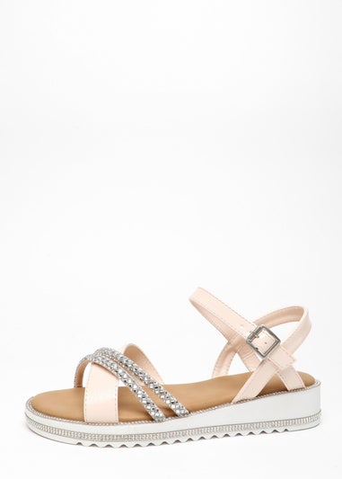 Quiz Pink Faux Leather Diamante Cross Strap Sandals