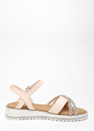 Quiz Pink Faux Leather Diamante Cross Strap Sandals