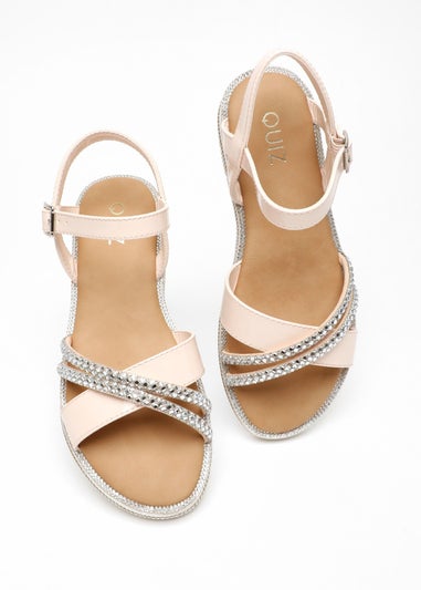 Quiz Pink Faux Leather Diamante Cross Strap Sandals