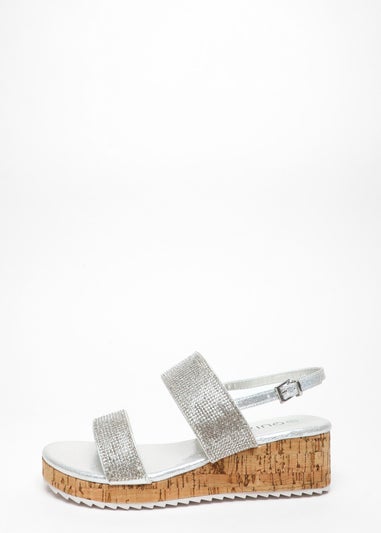 Quiz Silver Diamante Double Strap Low Wedges