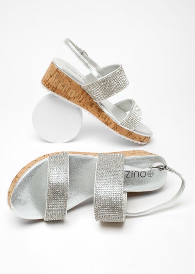 Quiz Silver Diamante Double Strap Low Wedges