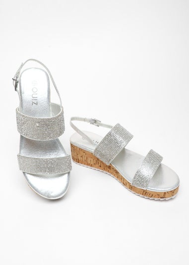 Quiz Silver Diamante Double Strap Low Wedges