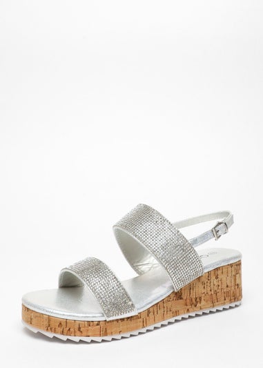 Quiz Silver Diamante Double Strap Low Wedges